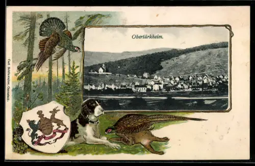 Passepartout-Lithographie Obertürkheim, Totalansicht mit Wappen und Jagdhund zwischen Fasanen