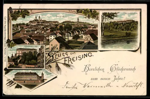 Lithographie Freising, Totalansicht, Weihenstephan und Knabenseminar