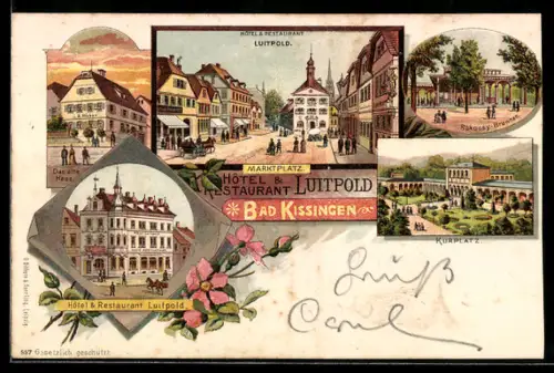 Lithographie Bad Kissingen, Hotel und Restaurant Luitpold am Marktplatz, Kurplatz und Rakocsy-Brunnen