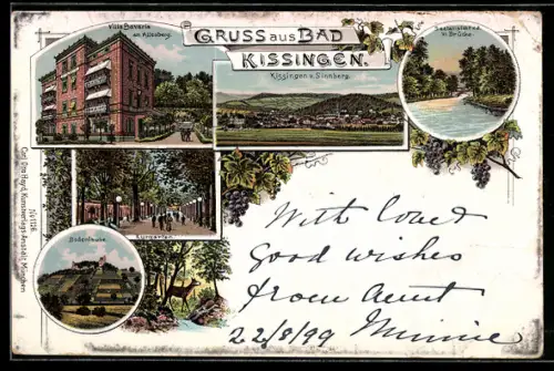 Lithographie Bad Kissingen, Totalansicht, Villa Bavaria am Altenberg und Partie im Kurgarten