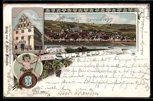 Lithographie Sulzfeld a. M., Gesamtansicht, Rathaus