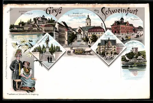 Lithographie Schweinfurt, Markt mit Rückertdenkmal, Postamt, Burg Peterstirn und Kriegerdenkmal