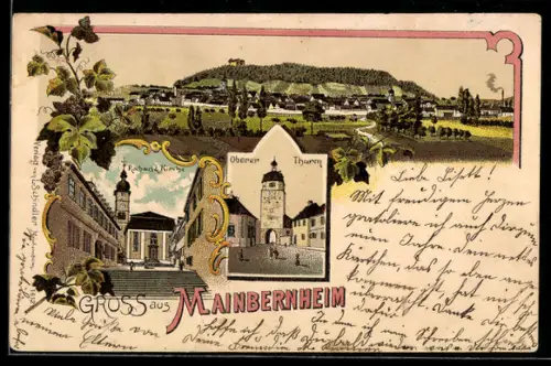 Lithographie Mainbernheim, Oberer Thurm, Rathaus & Kirche