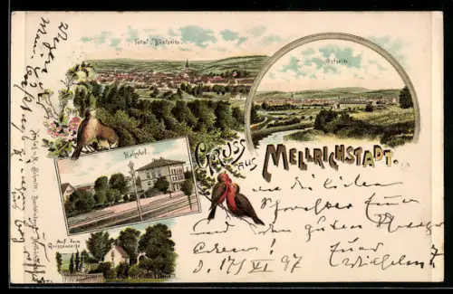 Lithographie Mellrichstadt, Totalansicht von westen, Bahnhof und Partie auf dem Grossenberge