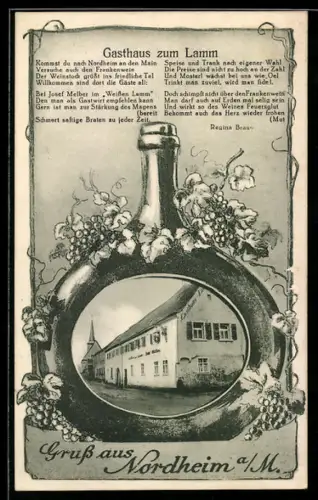 AK Nordheim a. M., Gasthaus zum Lamm, Weinflaschen-Passepartout mit Gedicht
