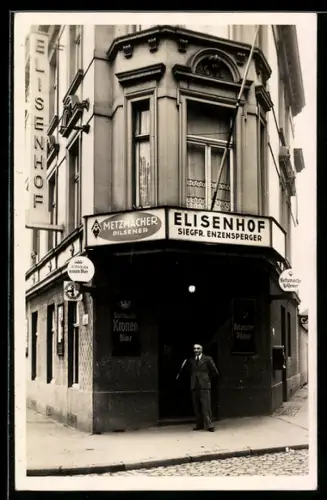Foto-AK Frechen, Restaurant Elisenhof von Siegfr. Enzensperger, Werbung für Metzmacher Pilsener