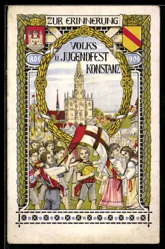 Künstler-AK Konstanz, Volks u. Jugendfest 1906, Mädchen und Jungen mit Fahnen, Ortsansicht mit Münster