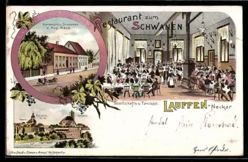 Lithographie Lauffen a. Neckar, Restaurant und Bierbrauerei zum Schwanen von Aug. Mack, Innenansicht, Kapelle u. Rathaus
