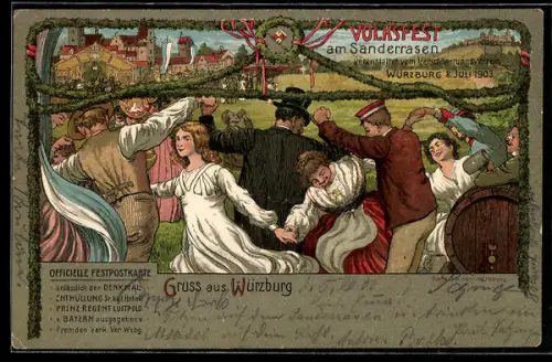 Lithographie Würzburg, Volksfest am Sanderrasen 1903, veranstaltet v. Verschönerungsverein