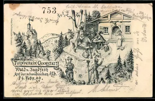 Lithographie Stuttgart, Turnverein Cannstatt, Wald und Jagdfest auf der schwäb. Alb 1899
