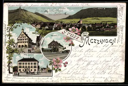 Lithographie Metzingen, Panorama, Bahnhof, Hotel Sprandel und Rathaus