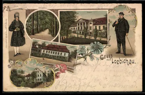 Lithographie Loebichau, Hardt`s Gasthof, Schloss, Körner Museum