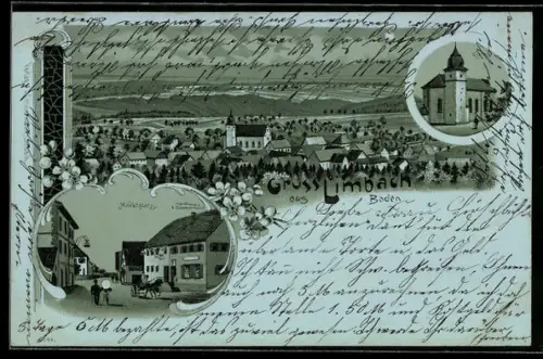 Mondschein-AK Limbach /Baden, Makrtplatz mit Handlung von V. Zimmermann, Totalansicht mit Kirche