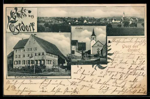 AK Ostdorf, Gasthof und Bierbrauerei zum Lamm, Kirche, Totalansicht des Ortes
