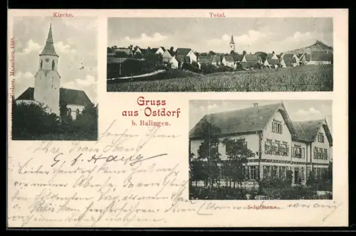 AK Ostdorf b. Balingen, Schulhaus, Kirche, Totalansicht des Ortes