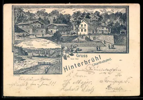 Lithographie Hinterbrühl /Isartalbahn, Teilansicht mit Gasthaus, Eisenbahnbrücke