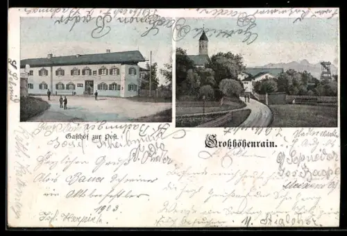 AK Grosshöhenrain, Gasthof zur Post, Blick auf die Kirche