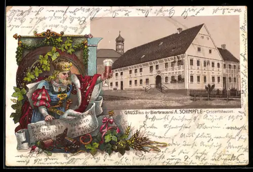 Lithographie Gessertshausen, Bierbrauerei A. Schimpfle, Herrscher mit Bierglas