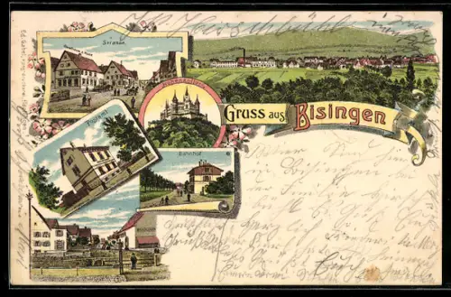Lithographie Bisingen, Gasthaus zur Rose, Postamt, Bahnhof, Hohenzollernburg, Ortsansicht