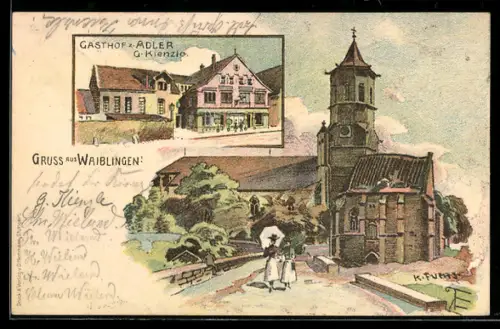 Künstler-AK Waiblingen, Gasthof zum Adler von G. Kienzle, Blick auf die Kirche