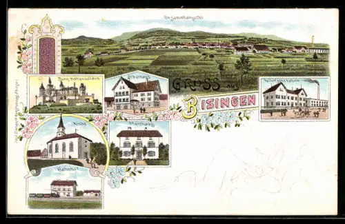 Lithographie Bisingen, Keller`sche Fabrik, Kirche, Pfarrhaus, Bahnhof, Burg Hohenzollern