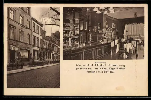 AK Hamburg, Kolonial-Hotel, Aussen- und Innenansicht, Inh. Frau Olga Gallus, Grosse Allee 51, heute Adenauerallee