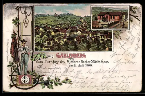 Lithographie Gablenberg, Gau-Turnfest des mittleren Neckar-Städte-Gaus 1900, Ortsansicht aus der Vogelschau