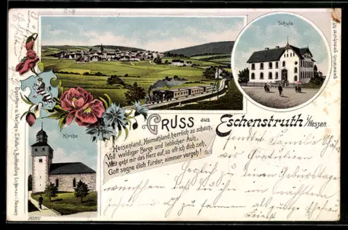 Lithographie Eschenstruth i. Hessen, Kirche, Schule, Ortsansicht mit vorbeifahrendem Zug, Wappen