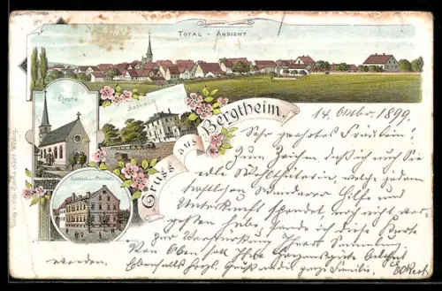 Lithographie Bergtheim, Gasthaus zum Hirschen, Kirche, Bahnhof, Totalansicht des Ortes