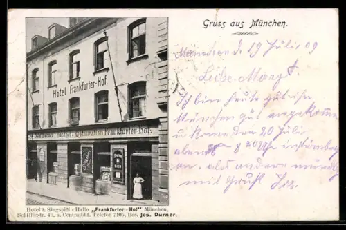 AK München, Hotel Frankfurter Hof, Bes. Jos. Durner, Schillerstrasse 49, Fassandenansicht