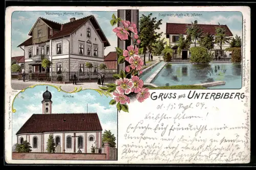 Lithographie Unterbiberg, Handlung von Martin Flörs, Gasthaus von R. Huber, Kirche