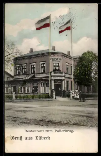 AK Lübeck, Restaurant zum Polierkrug mit Fahnenmasten