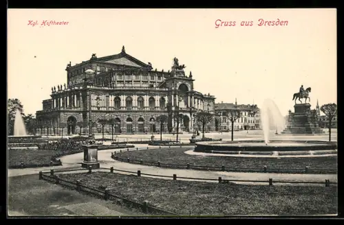AK Dresden, Kgl. Hoftheater, Reiterdenkmal, Brunnen