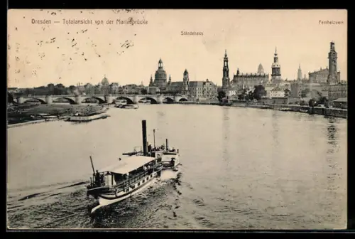 AK Dresden, Totalansicht von der Marienbrücke, Ständehaus, Fernheizwerk