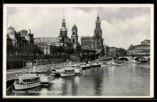 AK Dresden, Dampfschiffanlegestelle, Kirchen, Elbufer