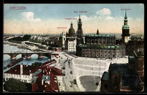 AK Dresden, Kath. Hofkirche, Schloss, Frauenkirche, Ständehaus