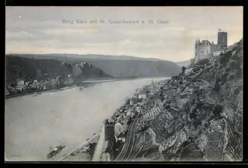 AK St. Goarshausen, Burg Katz, St. Goar, Rheinansicht