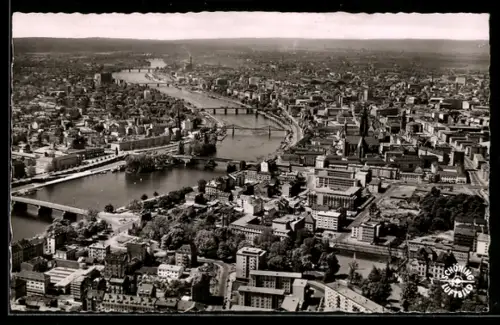 AK Frankfurt am Main, Luftaufnahme Innenstadt und Main mit Brücken