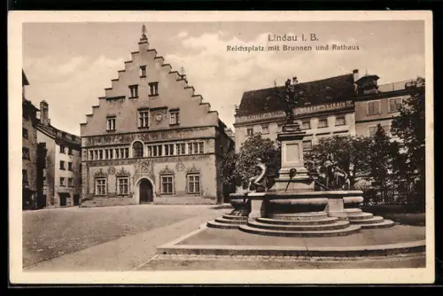AK Lindau i. B., Reichsplatz mit Brunnen und Rathaus