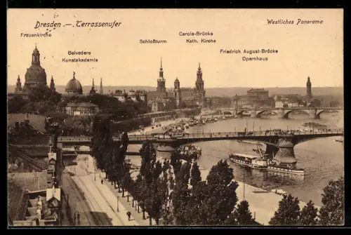 AK Dresden, Terrassenufer, Frauenkirche, Kunstakademie, Schlossturm, Brücken, Opernhaus