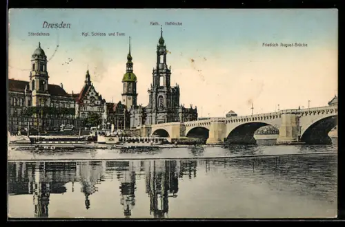 AK Dresden, Ständehaus, Kgl. Schloss und Turm, Kath. Hofkirche, Friedrich-August-Brücke