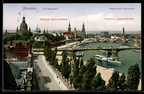 AK Dresden, Terrassenufer, Königin Carola-Brücke, Friedrich August-Brücke, westliches Panorama