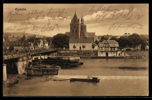 AK Hameln, Brücke, Kirche, Weserpartie
