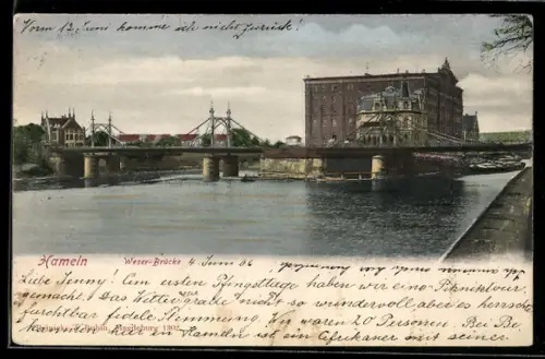 AK Hameln, Weser-Brücke, Fabrikgebäude