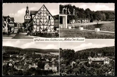 AK Helsa bei Kassel, Kirche, Schwimmbad, Ortsansicht