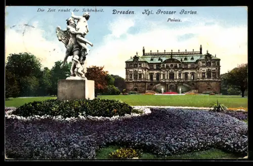 AK Dresden, Kgl. Grosser Garten Palais, Statue, Blumenbeet