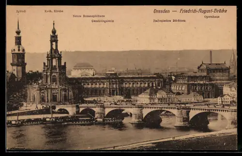 AK Dresden, Friedrich-August-Brücke, Kath. Kirche, Neues Schauspielhaus, Opernhaus