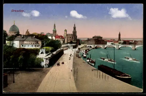 AK Dresden, Altstadt, Elbufer, Brücke, Schiffsanleger
