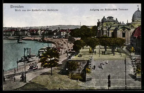 AK Dresden, Blick von der Katholischen Hofkirche, Aufgang zur Brühlschen Terrasse