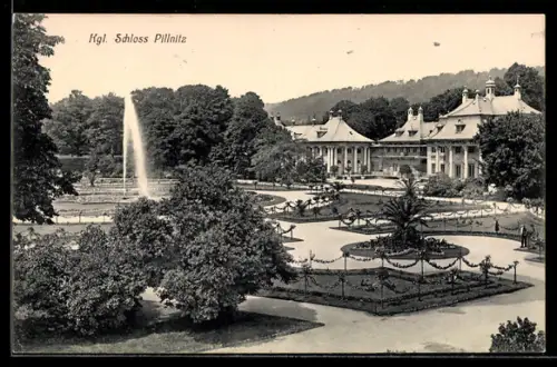 AK Pillnitz /Dresden, Königliches Schloss Pillnitz, Parkanlage mit Springbrunnen